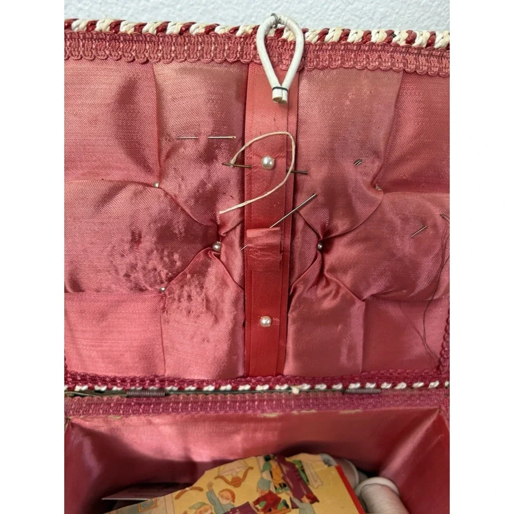 Vintage German Wicker Sewing Basket With Red Satin Lining W/ Sewing Accessories
